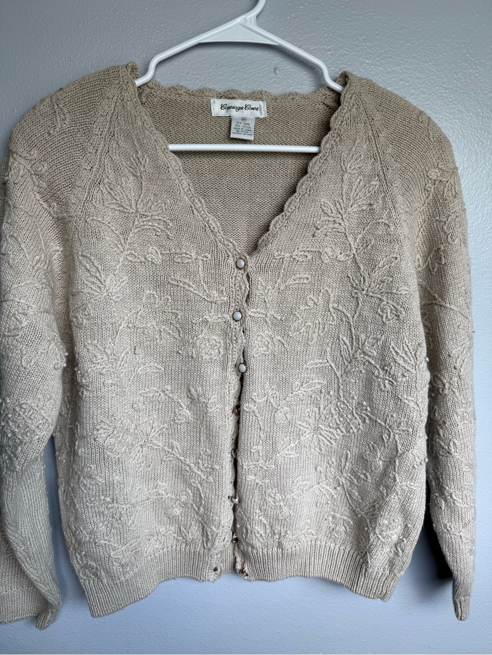 Vintage Carriage Court Embroidered Ramie Cotton Cardigan Pearl Button Sweaters